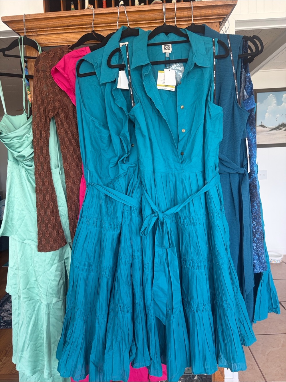 Anne Klein Teal Sleeveless Collared Midi Dress with Waist Tie